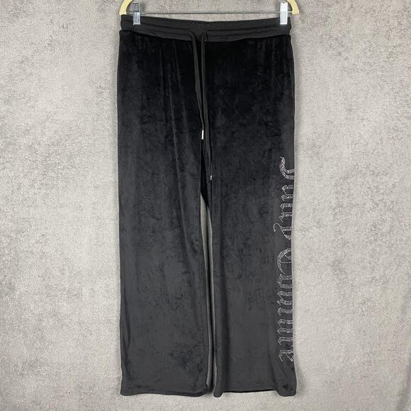 Juicy Couture Pants Womens Large Black Velour Wide Leg Rhinestone Spell Out Logo - Picture 1 of 12